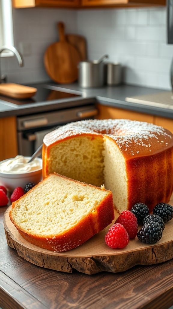 A golden brown butter cake sliced, served with fresh berries and whipped cream on a wooden table.